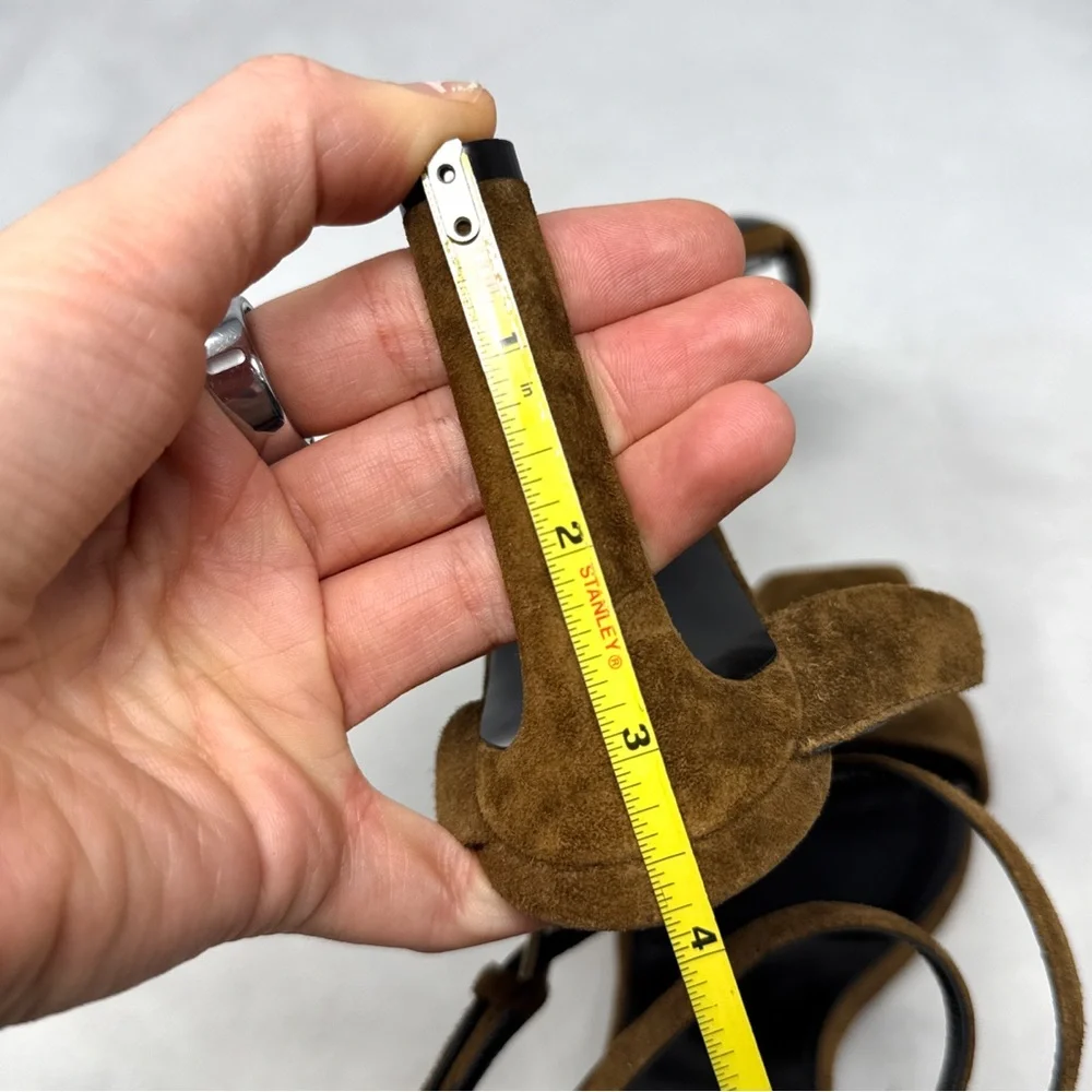 Saint Laurent Bea Bow Suede Square Toe Ankle Wrap Strap Sandal Heels Brown 37 - Picture 13 of 14